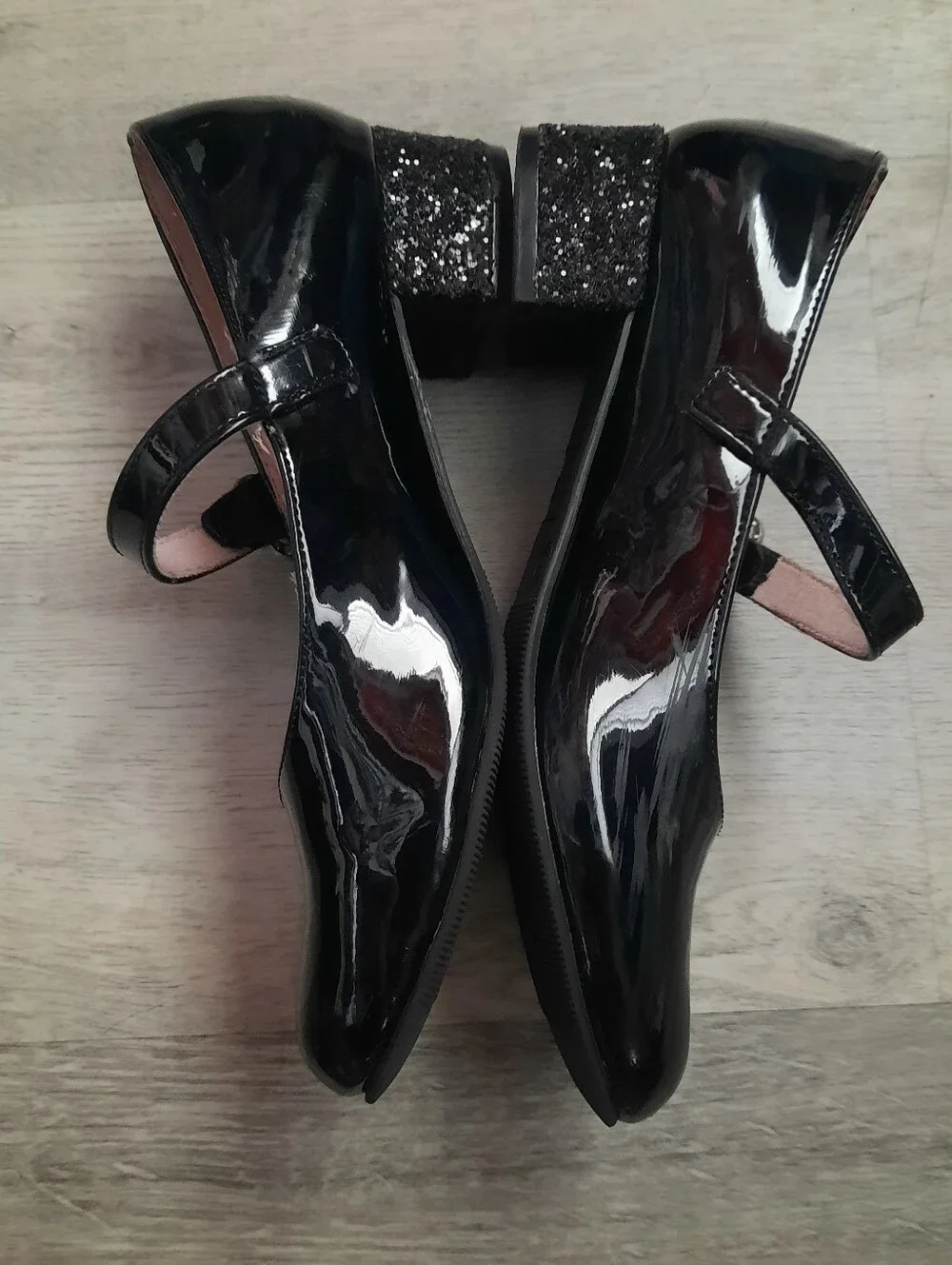 Black Patent Mary Jane Girls Heels with Gem Buckle